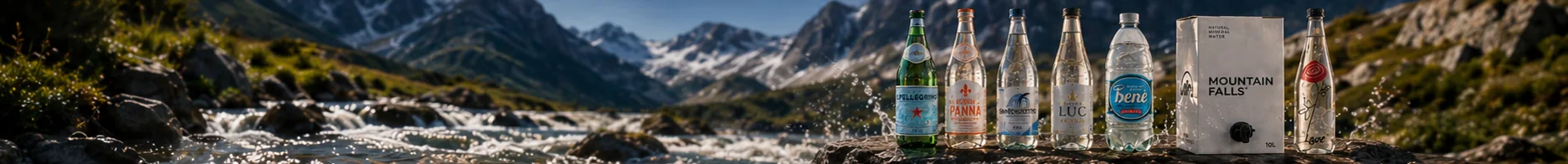 The full AquaCart range of premium still and sparkling waters beside a mountain river