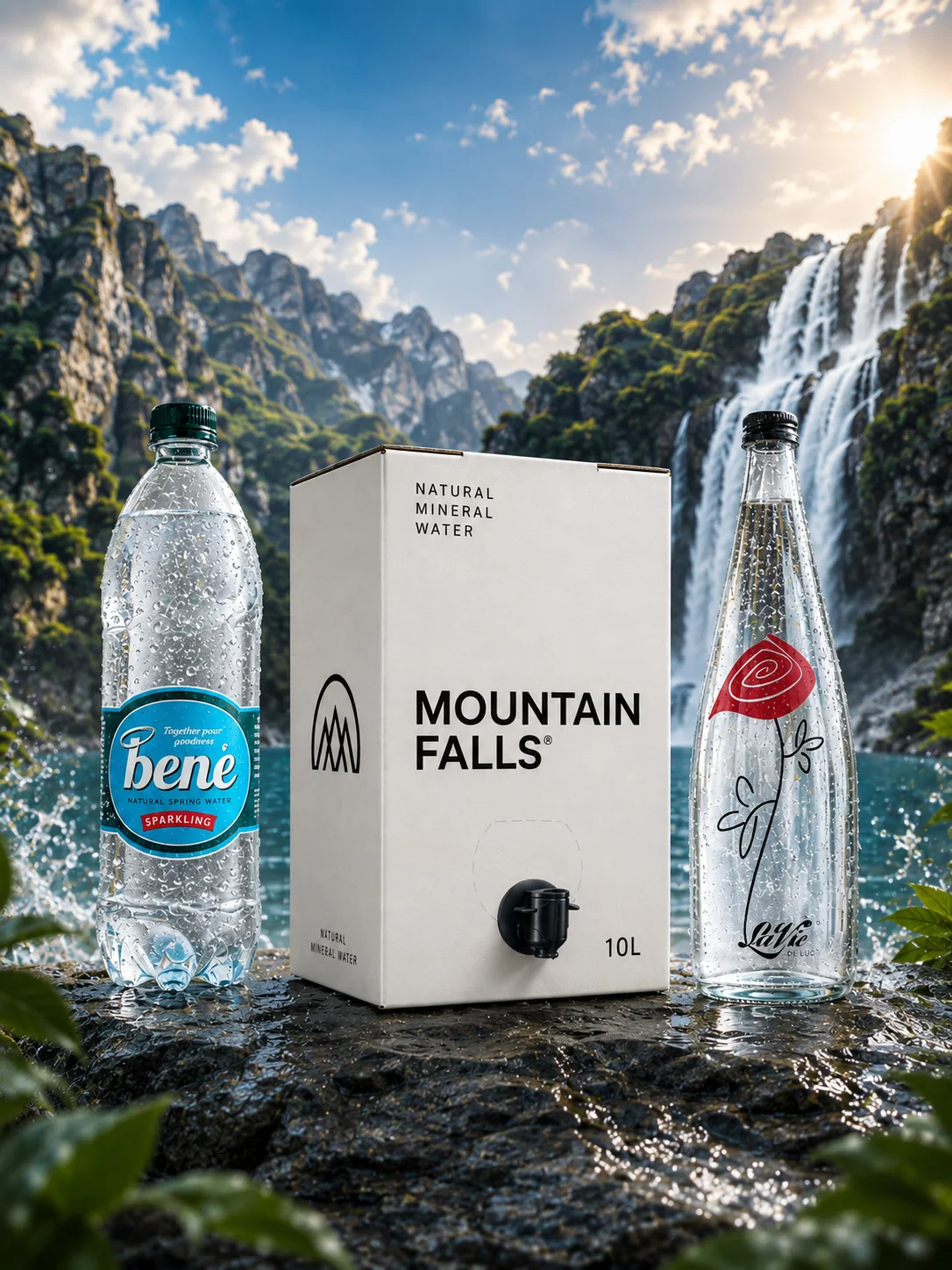 Bené, Mountain Falls and La Vie De Luc — the three South African brands — beside a waterfall
